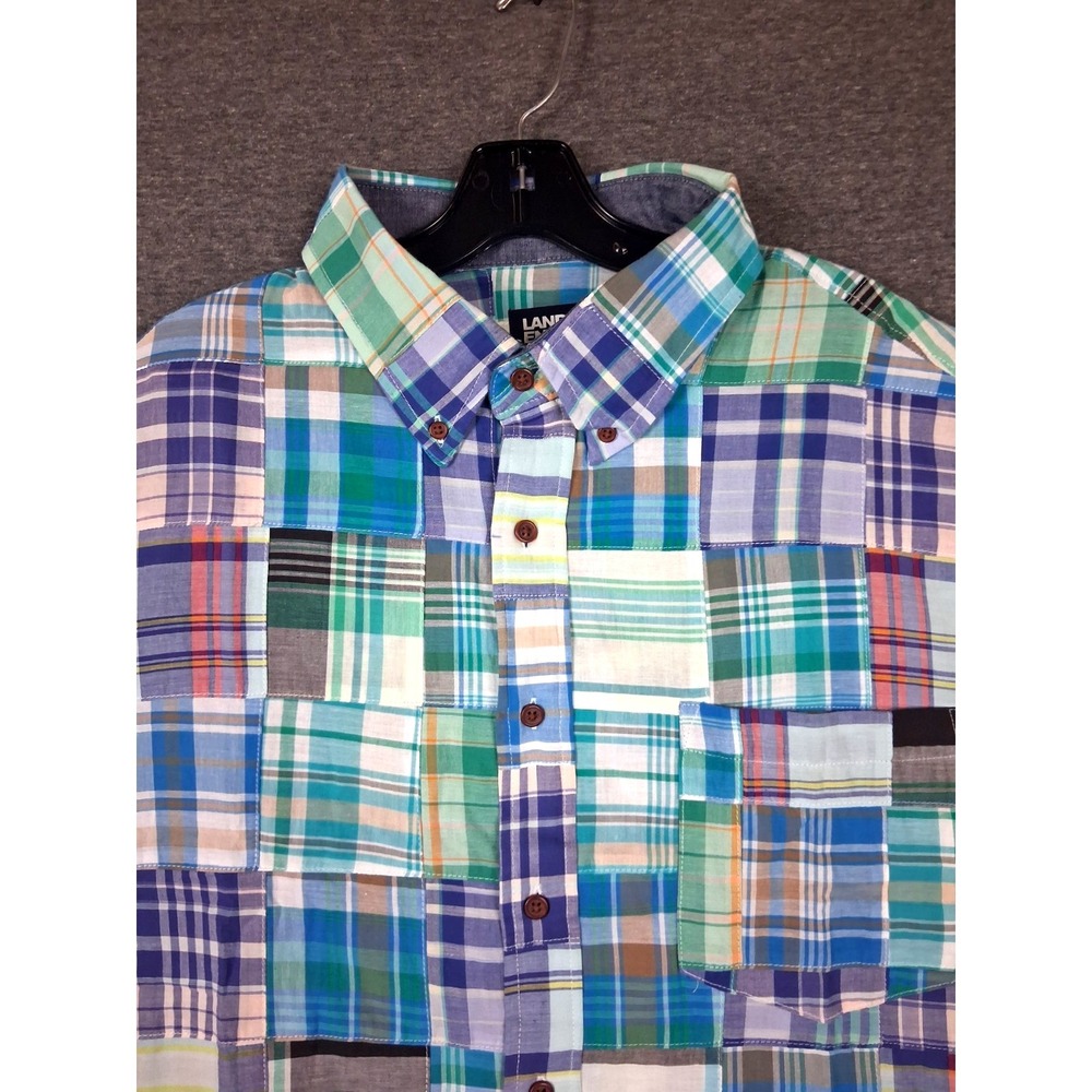 Lands End Mens Shirt 2XLT Blue Multi Patchwork Plaid Coastal Resort 100% Cotton